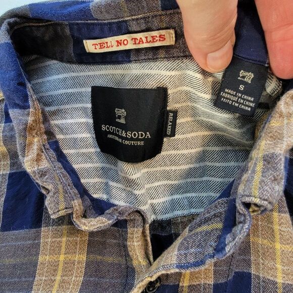 Scotch and Soda Flannel Button Down Shirt Mens S Long Sleeve Blue Gold Plaid - Picture 14 of 14